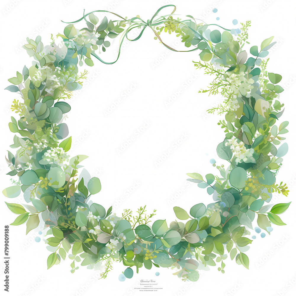 A Fresh and Chic Green Eucalyptus Leaf Wreath in a Beautiful Watercolor Style - Perfect for Home Decor or Creative Projects!