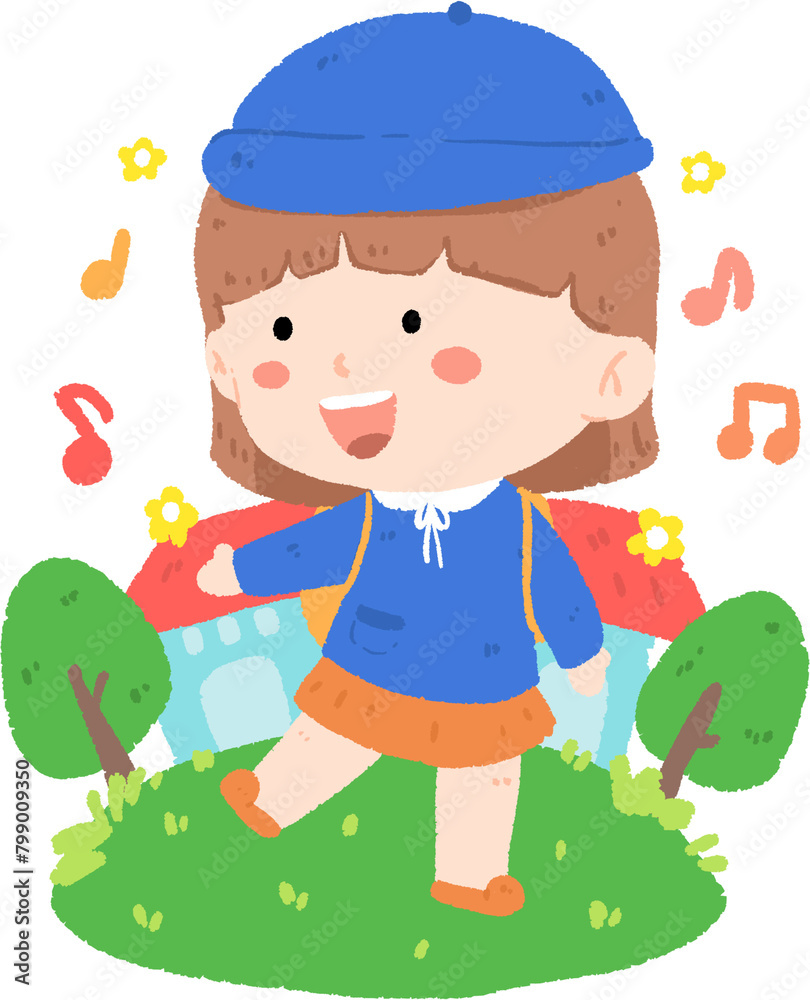 A happy girl in a blue hat and orange skirt skips to school, singing a song. A happy girl in a blue hat and orange skirt skips to school, singing a song.