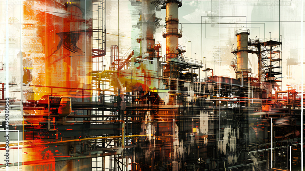 Industrial infrastructure merged with images of cultural diversity and human activity