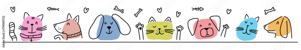 Fototapeta Vector horizontal collection of cats and dogs' faces, hand-drawn in the style of doodles