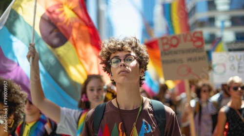 Young man proudly waving rainbow flag in the midst of diverse crowd at gay pride parade