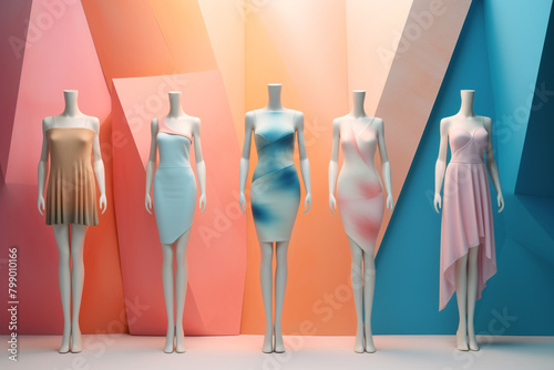 A colorful display of mannequins with various dresses against an abstract geometric background © Rytis