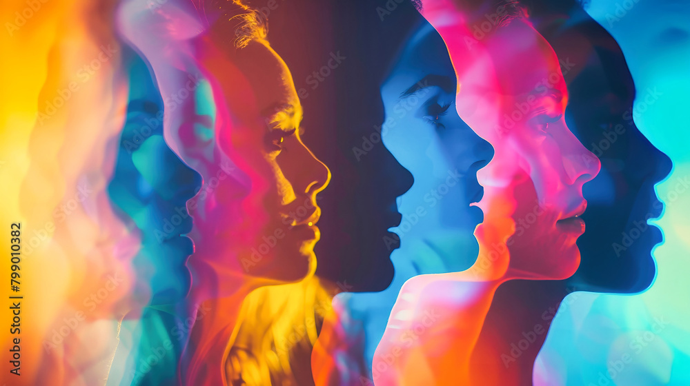 A vibrant group of individuals with faces in various hues, symbolizing diversity and unity among different races and cultures A vibrant group of individuals with faces in various hues, symbolizing diversity and unity among different races and cultures