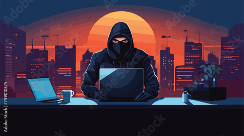 Male thief or hacker wearing black clothes sitting photo