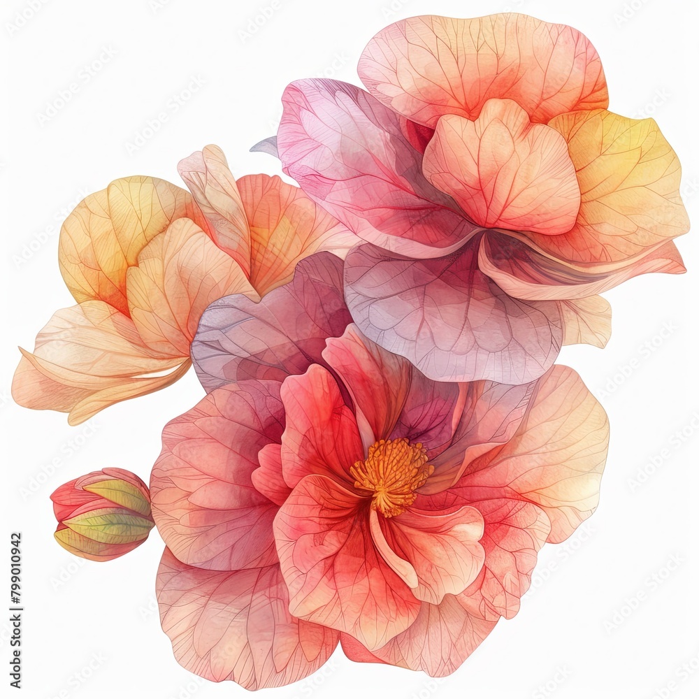 flower, begonias cartoon drawing, water color style,