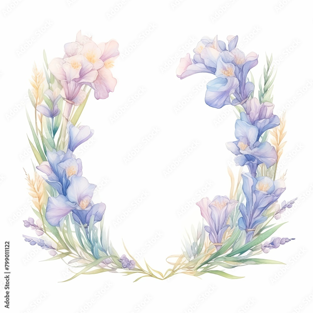 flower frame, iris frame. cartoon drawing, water color style,