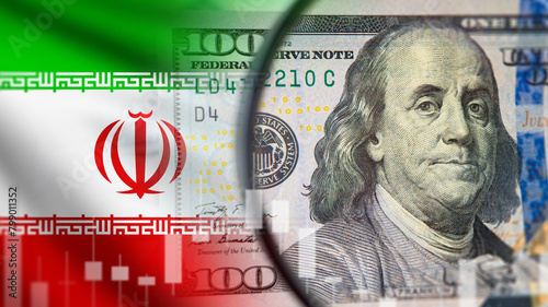 Economy of Iran. Dollar money. National flag of Iran. Banknotes under magnifying glass. Economic chart. Funding for Iranian republic. Economic situation in Iran. Business with Tehran. photo