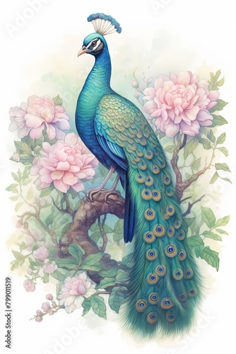peacock, peacock colors. cartoon drawing, water color style,