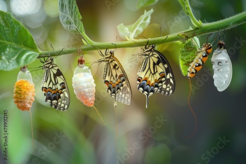 Create an image that represents: butterfly evolution phases, egg, larva, pupa and adult. photo