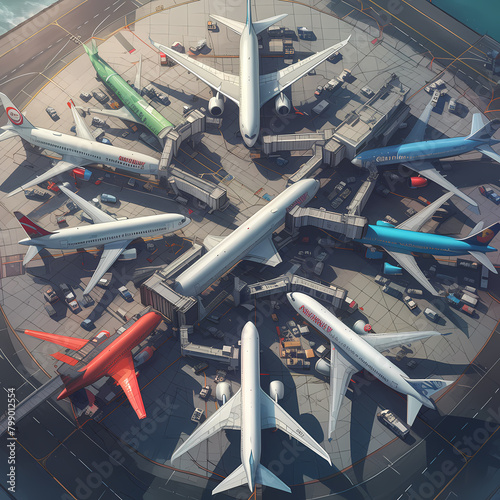 Birds-Eye View of Airport Terminal with Multiple Airlines