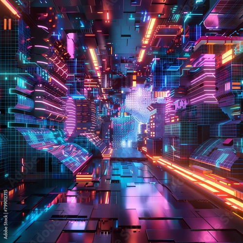 Illustrate Artificial Intelligence Breakthroughs through a creative mix of CG 3D rendering and glitch art techniques, depicting futuristic algorithms and mind-bending data patterns in a visually capti