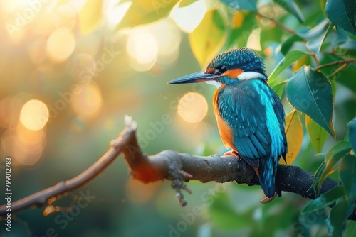 Picture of a brightly colored kingfisher bird. Morning light background through bokeh, green leaves of trees.