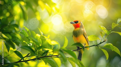 Picture of a mandarin bird with beautiful, bright colors Morning light background through bokeh, green leaves of trees. © panu101