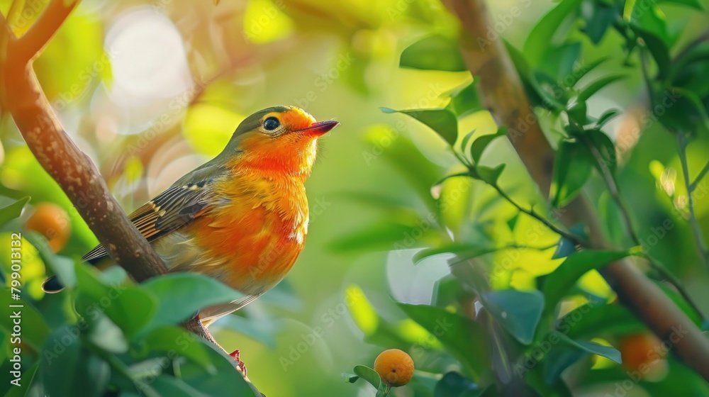Picture of a mandarin bird with beautiful, bright colors Morning light background through bokeh, green leaves of trees. Picture of a mandarin bird with beautiful, bright colors Morning light background through bokeh, green leaves of trees.