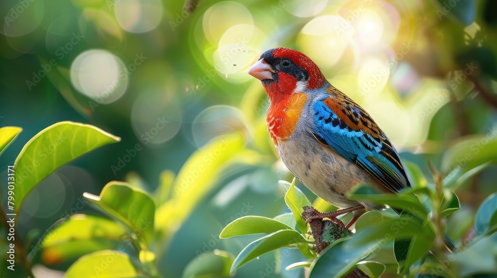 Picture of a seven-colored finch, beautiful and bright, morning light background through bokeh, lush green tree leaves.