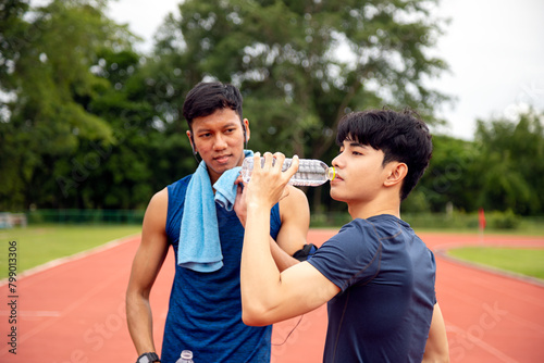 During sports training on a running track, two male athletes underscore the importance of hydration by taking a water break