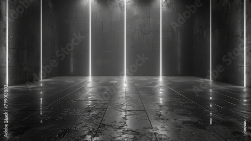   A monochrome image of an unfurnished room illuminated by numerous lights on the wall and floor photo