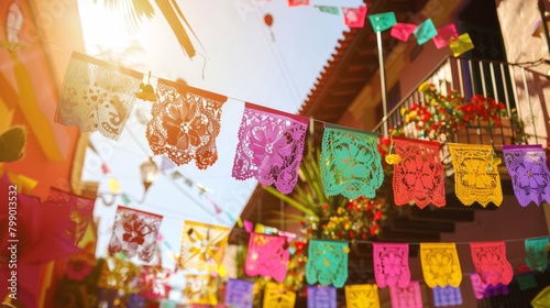 Colorful papel picado banners in sunlight Cinco De Mayo © Shozib