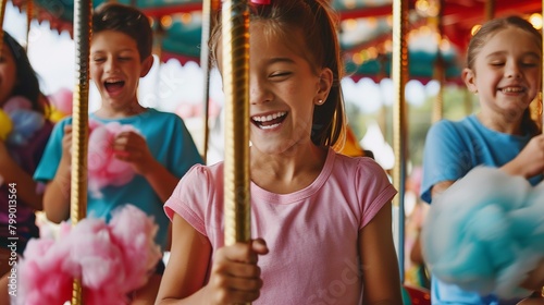 A group of children smiling and having fun at a birthday party in a theme park, Children riding carousel and eating cotton candy photo