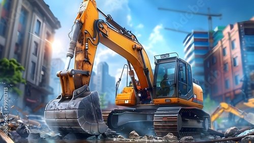 Clearing Debris at Construction Site: Yellow Excavator with Heavy-Duty Tools. Concept Construction Site, Debris Removal, Yellow Excavator, Heavy-Duty Tools photo