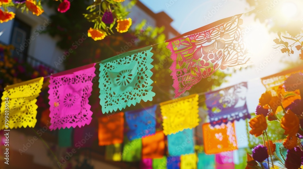 Vibrant papel picado banners with sunflare Cinco De Mayo