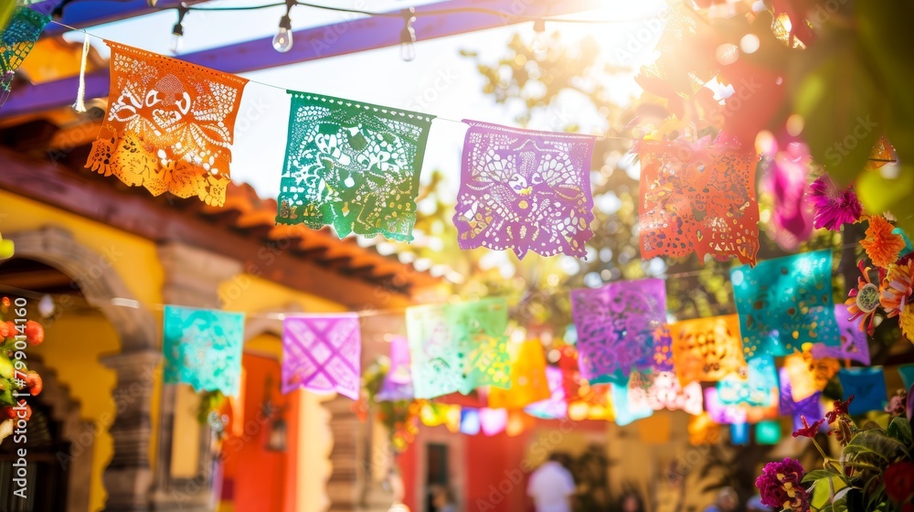 Colorful mexican papel picado on a sunny day Cinco De Mayo