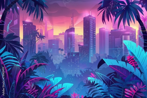 Visualize a cyberpunk jungle with neon-lit plants, sleek futuristic buildings blending into the flora Show virtual reality gadgets aiding in environmental conservation efforts © Preeyanuch