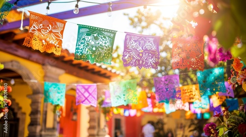 Colorful mexican papel picado on a sunny day Cinco De Mayo © Shozib