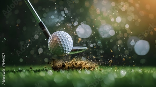 Golf ball hitting the tee and flying towards camera. the golf club hits the ball, leaving small splashes of dirt on green grass. This scene conveys emotion and excitement in sports such as golf.