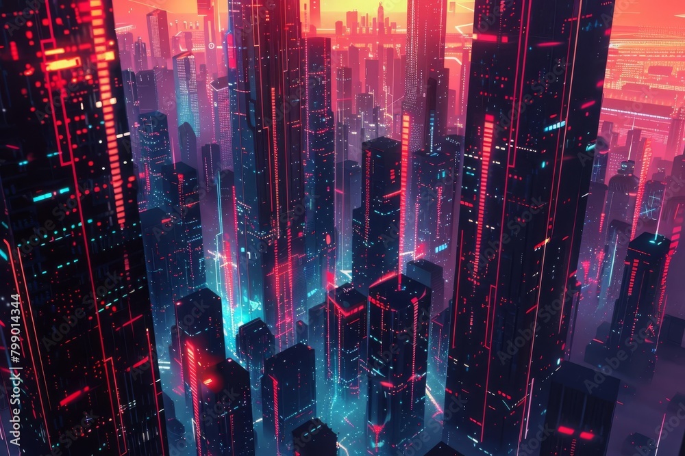 Visualize the fusion of electronic beats in a futuristic cityscape through a sleek oil painting animation Utilize aerial perspectives to showcase neon soundwaves pulsating through skyscrapers, creatin