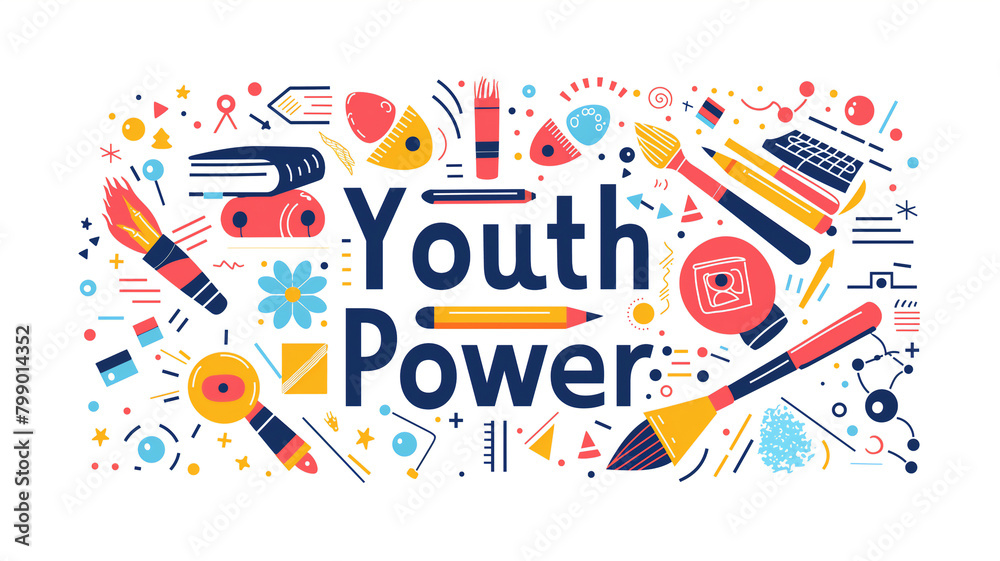 Colorful graphic with 'Youth Power' surrounded by creative and educational symbols.