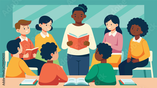 A group of students sitting in a classroom listening intently as their teacher reads aloud from a thoughtprovoking piece of literature written by an. Vector illustration