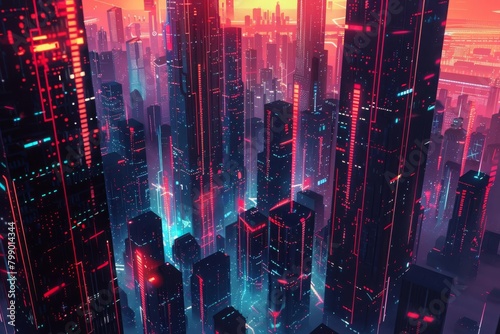 Visualize the fusion of electronic beats in a futuristic cityscape through a sleek oil painting animation Utilize aerial perspectives to showcase neon soundwaves pulsating through skyscrapers  creatin