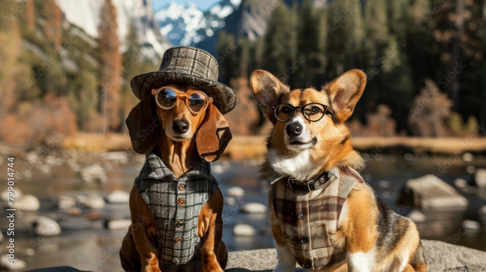 Dachshund and Corgi Duo in Stylish Outfits, Humorous Pet Fashion, Mountain View Backdrop
