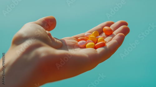 pharmacy drug in patients hand, coloful medicine pills arrange in creative style, health concept