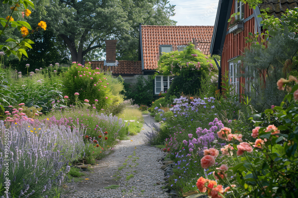 beautiful summer garden with really existing bushes in a scandinavian village with woodhouse