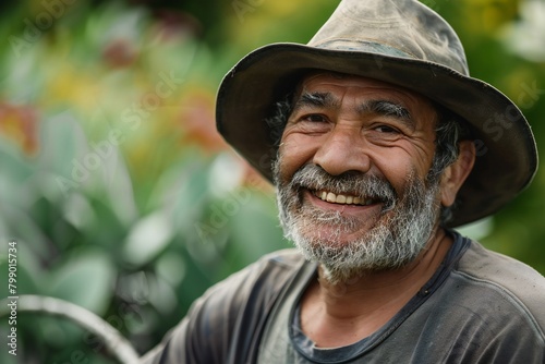 Portrait happy mature older man is smiling. Old senior farmer with white beard thumb up feeling confident. Elderly man standing in a shirt and looking at camera at field in sunny day.