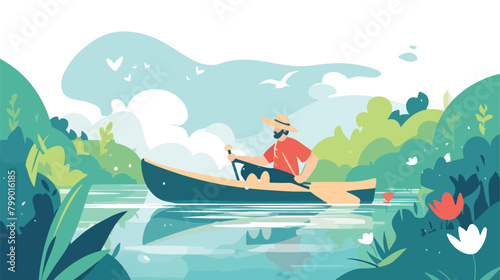 Man rowing with paddle relaxing in wood boat in riv