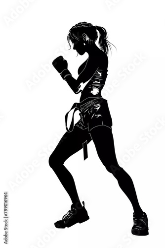 Silhouette of female muay thai athlete on isolated white background. vector illustration. © munja02