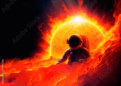 futuristic astronaut bathes in molten hot magma or in boiling ocean of fire from Sun. problem of global warming, cyborgization of humanity. influence of Sun on life on Earth, solar flares
