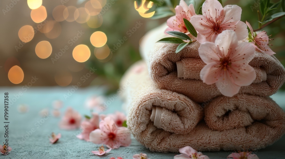 A table holds a stack of folded towels, with pink flowers arranged on top A table holds a stack of folded towels, with pink flowers arranged on top