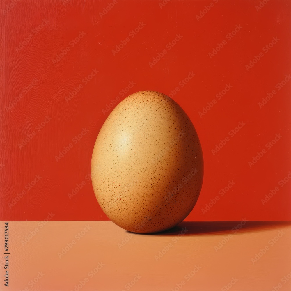 Close up brown egg on plain red background. Minimal fashion concept, flat layout, top view. Close up brown egg on plain red background. Minimal fashion concept, flat layout, top view.