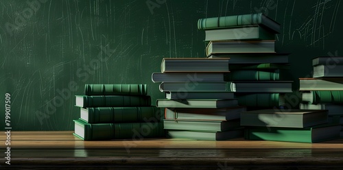 Books on table with chalkboard background. Education and learning concept