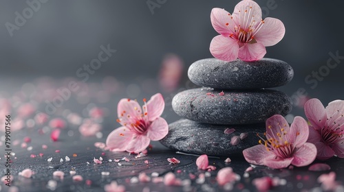  A stack of rocks topped with pink flowers, petals strewn around below