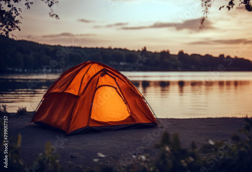 Orange lake lit tent tourist sunset