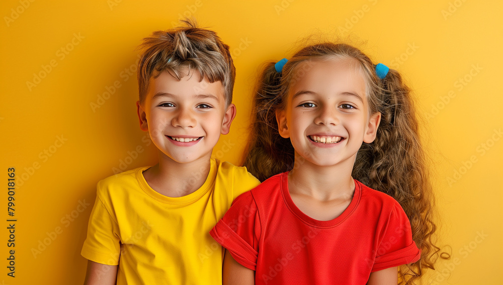 young brother and sister, siblings standing together on solid yellow background young brother and sister, siblings standing together on solid yellow background