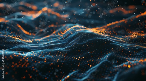 Abstract digital landscape with glowing particles and waves, representing data flow or neural networks. Created with Generative AI photo