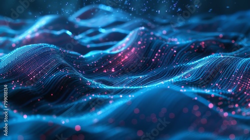 A dynamic digital landscape with glowing blue and pink particles simulating a fluid, wavelike motion. Created with Generative AI