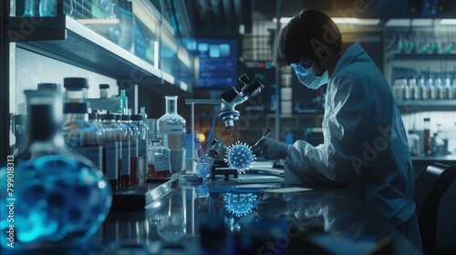 Scientist examining samples in a modern lab, with a focus on a virus model, portraying medical research. Created with Generative AI