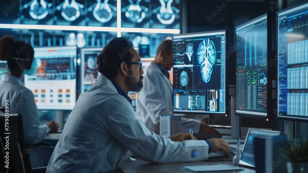 Scientists analyze brain scans and data on high-tech digital screens in a modern laboratory. Created with Generative AI